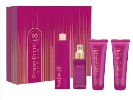 Estuche Perry Ellis 18 Orchid Mujer 4pzs 100ml EDT+Splash+Crema+Gel De Baño